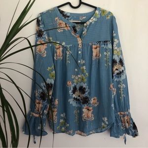 LOFT Women’s Blue Floral Cotton Blend Long Fluted Sleeve Blouse  Size S